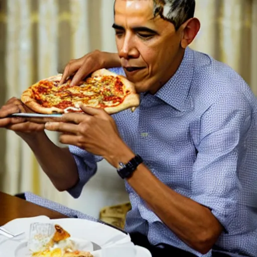 Prompt: obama elegantly eating pizza with a knife and fork