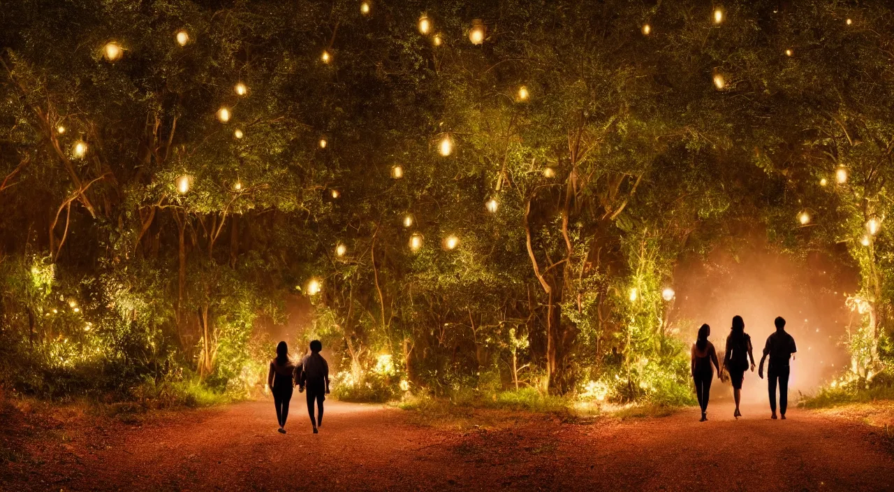 Prompt: a couple walking in the middle of fireflies, cinematic lighting, wow, establishing shot