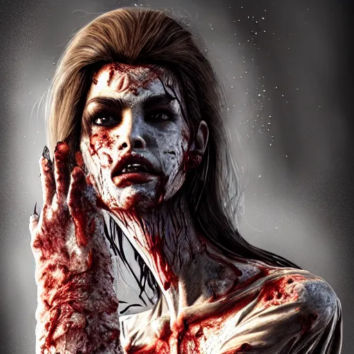 Image similar to young cindy crawford as a flesh eating zombie with cuts on face, 7 days to die zombie, fine art, award winning, intricate, elegant, sharp focus, cinematic lighting, highly detailed, digital painting, 8 k concept art, art by guweiz and z. w. gu, masterpiece, trending on artstation, 8 k