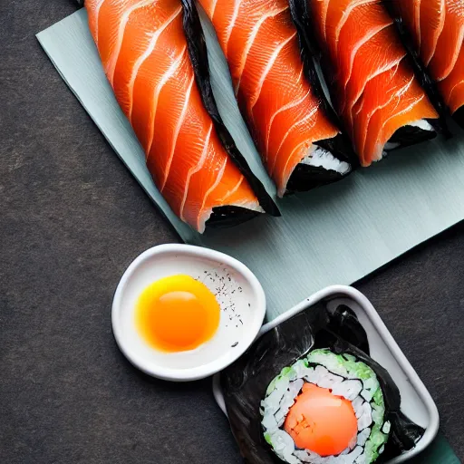 Prompt: toasted seaweed wrapped around sushi rice, filled with smoked salmon and free range eggs, 8 k resolution, food photography, studio lighting, sharp focus, hyper - detailed