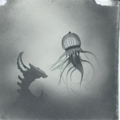 Prompt: tintype photo, lochness monster, underwater, jellyfish