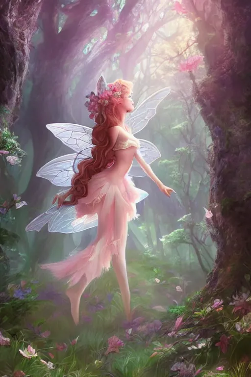 Image similar to a cute and geogerous fairy in the dreamy forest, fantasy, dreamlike, 8 k resolution, hyper detailed, d & d, character design, digital painting, trending on artstation, sharp focus, illustration, art by viktoria gavrilenko, hoang lap, fuji choko, steve zheng,