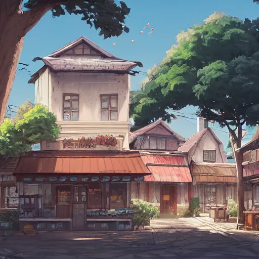 Prompt: concept art painting of a bakery with european and japanese architecture, in a village surrounded by trees, realistic, detailed, cel shaded, in the style of makoto shinkai and greg rutkowski and james gurney