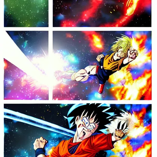 Prompt: colored manga page of saitama fighting goku and destroying planets