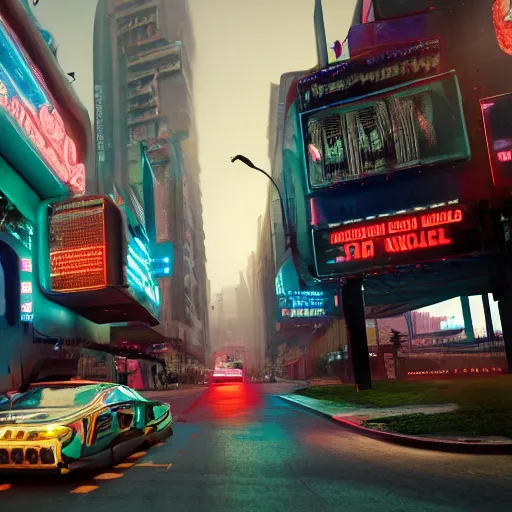 Image similar to a 3 d rendered in unreal engine guatemalan cyberpunk city with neon ads and signs with evocative dramatic mood with blade runner vibe with cars with motion blur with depth of field with bloom with lightshaft with volumetric lights, fog, by scott robertson, oscar winning graphics, photo realistic, bloom, imax, dynamic lighting, artstation,