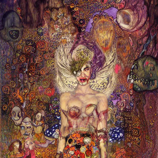 Prompt: princes of hell in alice in wonderland tripping on ayahuasca with faces in the background, intricate detail, painting, klimt, royo, frazetta, whealan,