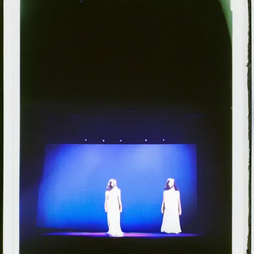 Image similar to Two silhouettes on an empty stage, polaroid picture, colour, bright