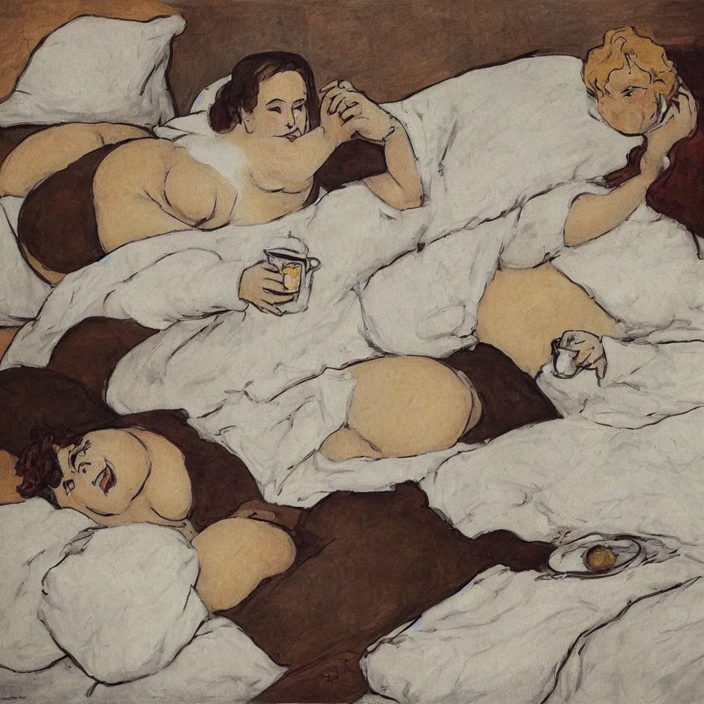 Prompt: a beautiful fat woman drinking coffee in a bed with white sheets drinking coffee in the style of telous lautrec