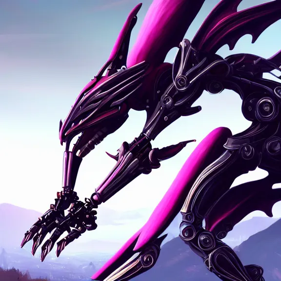 Image similar to extremely detailed giantess shot of a goddess that's a giant beautiful stunning anthropomorphic robot female dragon, standing majestically on a mountain, elegant pose, robot dragon claws, streamlined shiny silver metal armor, fuchsia skin, detailed sharp metal claws, thick warframe robot legs, long elegant tail, detailed warframe fanart, destiny fanart, high quality digital art, giantess art, furry art, warframe art, Destiny art, furaffinity, DeviantArt, artstation, 8k HD, octane render