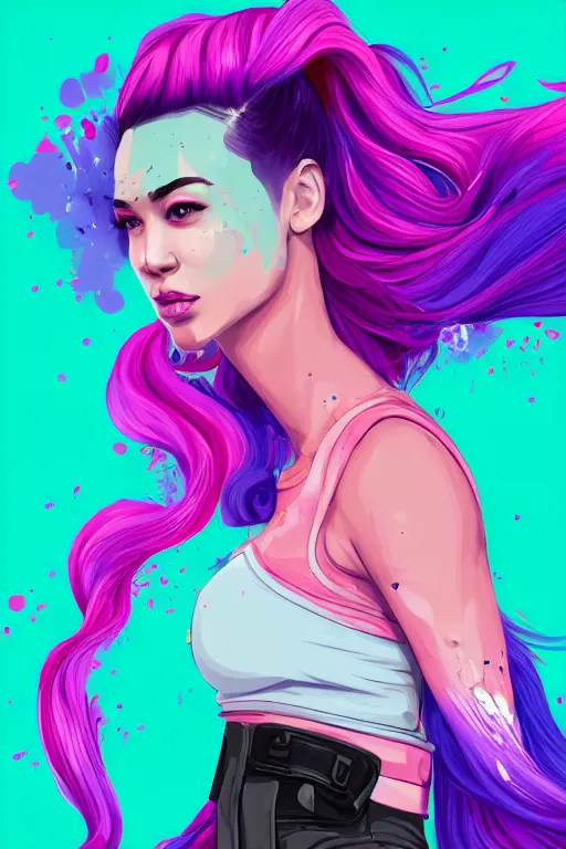 Image similar to a award winning half body portrait of a beautiful woman in a croptop and cargo pants with ombre purple pink teal hairstyle with head in motion and hair flying by artgerm, paint splashes, splatter, outrun, vaporware, shaded flat illustration, digital art, trending on artstation, highly detailed, fine detail, intricate