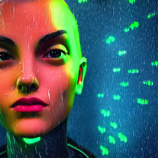 Prompt: cartoon portrait made out of rain, neon, rendered in octane, unreal engine, highly detailed, realistic, beautiful, emotional, trending on artstation