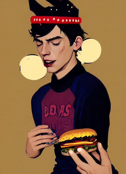 Prompt: portrait of jughead jones, eating a hamburger, wearing a crown, eyes closed, intricate, elegant, glowing lights, highly detailed, digital painting, artstation, concept art, smooth, sharp focus, illustration, art by wlop, mars ravelo and greg rutkowski