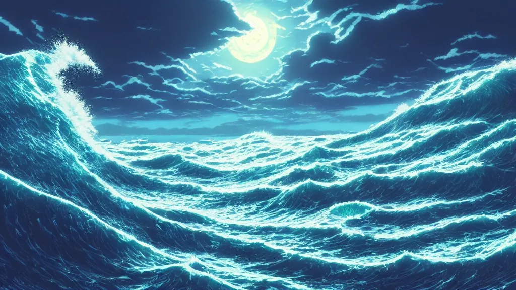 Image similar to highly detailed illustration of high exposure ocean waves at night by makoto shinkai, by oliver vernon, by joseph moncada, by damon soule, by manabu ikeda, by kyle hotz, by dan mumford, by otomo, 4 k resolution