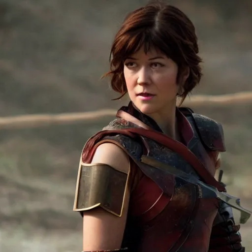 Prompt: mary elizabeth winstead as a warrior in a scifi battlefield