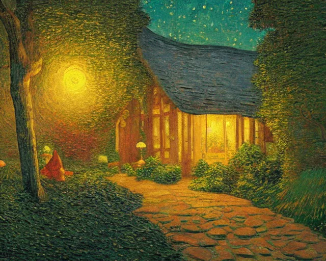 Image similar to mysterious detailed painting of a cozy english cottage in the woods at night, surrounded by giant glowing mushrooms, in the style of studio ghibli and moebius and claude monet and edward hopper and vincent van gogh