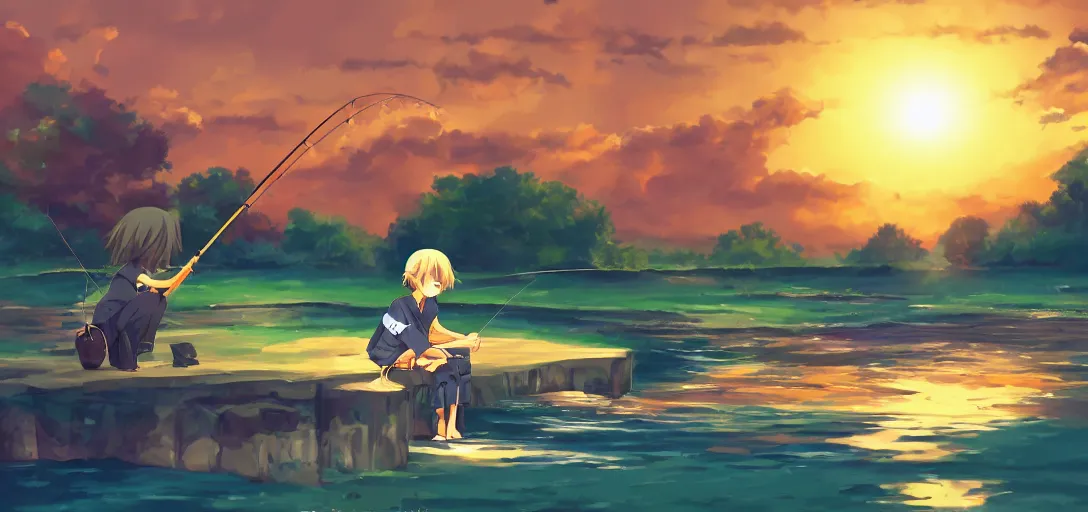 Image similar to cute anime character fishing in the evening