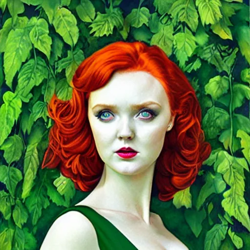 Image similar to portrait of lily cole as poison ivy, wearing a green dress and floral growths, epic details by alex ross