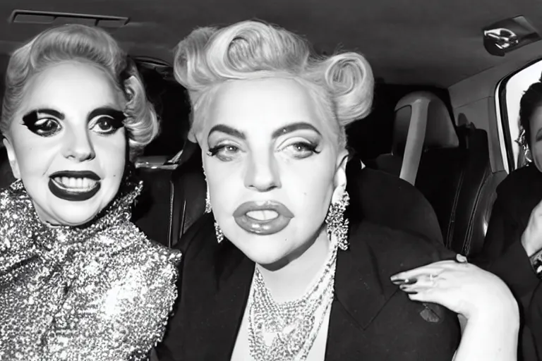 Image similar to lady gaga and judy garland doing carpool karaoke, lady gaga and judy garland, carpool karaoke, lady gaga, judy garland, carpool karaoke, youtube video screenshot, the late late show with james corden, higly realistic, high resolution, dashcam