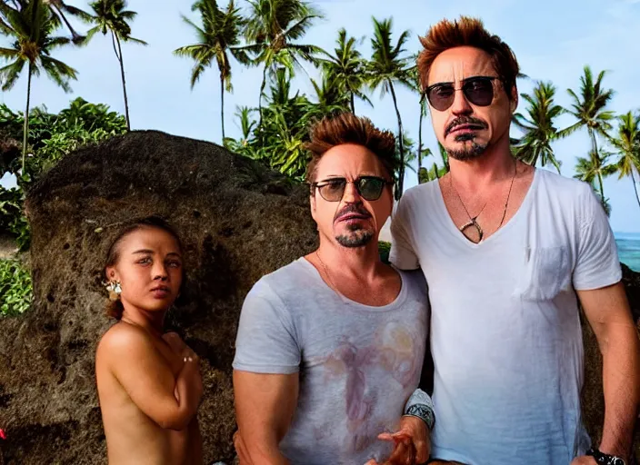 Image similar to a full portrait photo of robert downey jr holiday in bali, f / 2 2, 3 5 mm, 2 7 0 0 k, lighting, perfect faces, award winning photography.