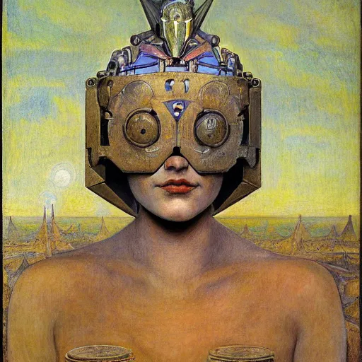 Image similar to the robot queen with her bird mask, by annie swynnerton and diego rivera and elihu vedder and jean delville, symbolist, dramatic lighting, elaborate geometric ornament, head and shoulders view, art brut, soft cool colors, smooth, sharp focus, extremely detailed, adolf wolfli, donato giancola, leo and diane dillon