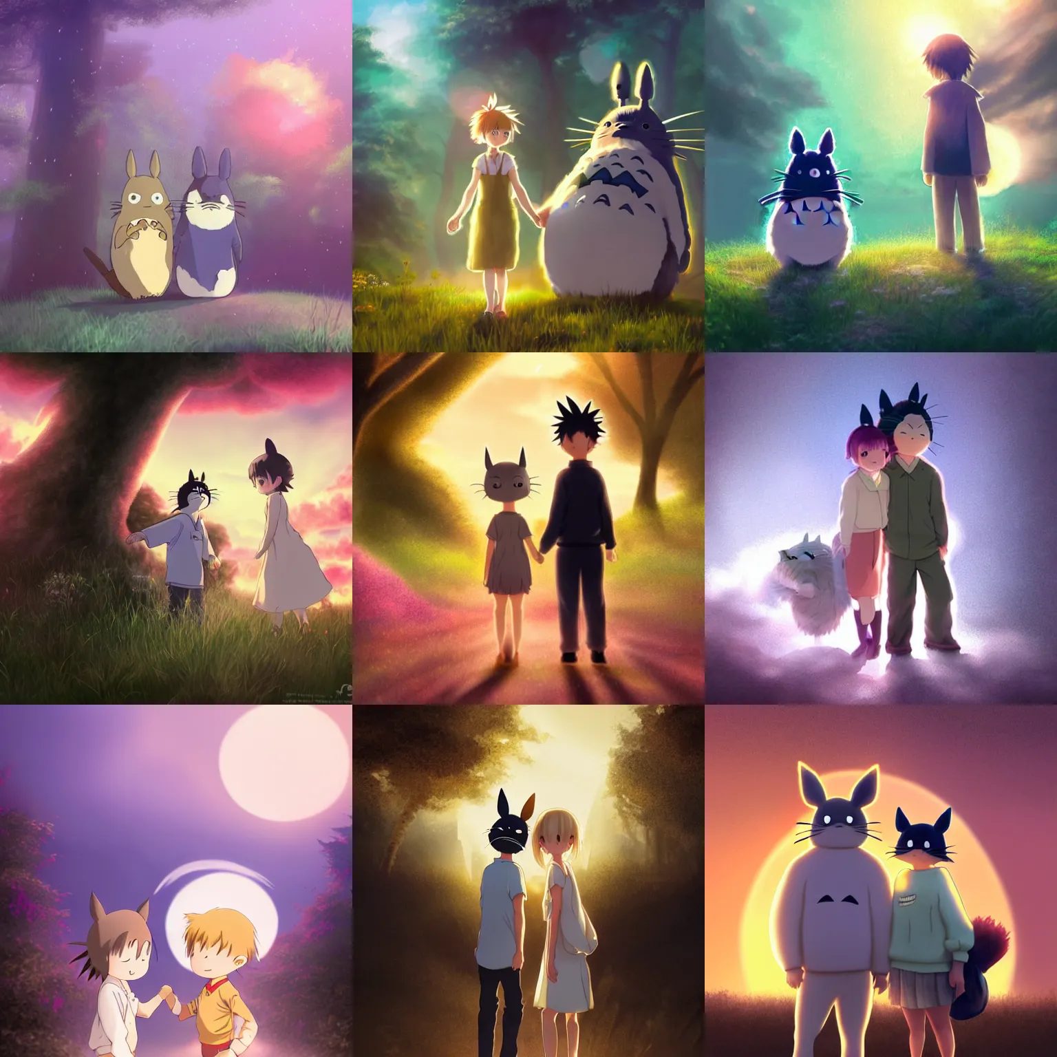 Prompt: A full body portrait of twi brother and sister with golden short hair as My Neighbour Totoro, white wearing, digital art, fantasy art, volumetric lighting, dreamy and ethereal, sunset, art by Kyoto Animation, anime illustration, trending on Pixiv.