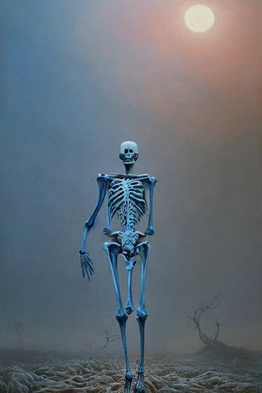 Prompt: a slender skeleton with gnarled limbs,with very soft blue and orange pastel colors, dances on an apocalyptic landscape in the light of twilight with steam, smoke and fog,painting by Beksiński, darkart, hyperdetailed, 4k, very beautiful