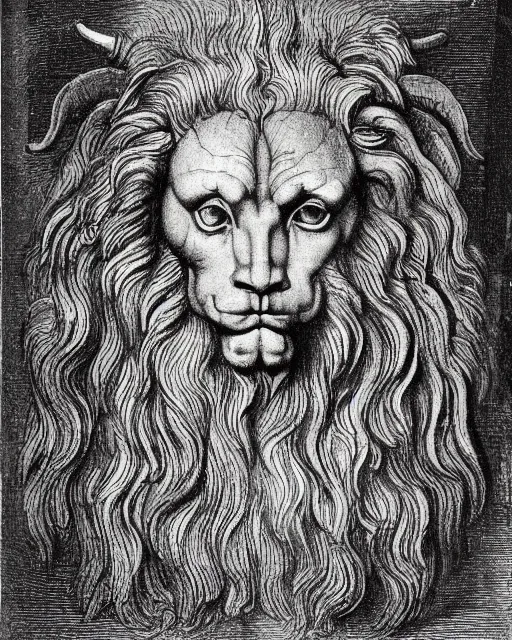 Image similar to a creature with four faces in one, human face, eagle beak, lion mane, two horns on the head, drawn by da vinci. symmetrical