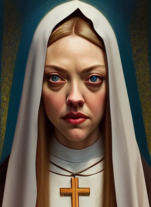 Prompt: portrait of amanda seyfried as a nun, catholic, church, bible, christian, intrigante, headshot, highly detailed, digital painting, artstation, concept art, sharp focus, cinematic lighting, illustration, art by artgerm and greg rutkowski, alphonse mucha, cgsociety