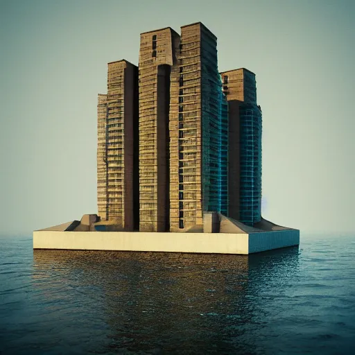 Prompt: communist buildings stand above the sea, brutalism, by zaoeyo ， highly detailed, cinematic landscape ， octane render ， trending on artstation,