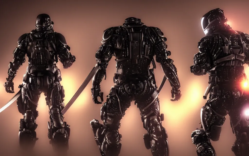 Image similar to war, diverse katana cybersuits, from behind, wide wide angle, vivid, elaborate, highly detailed, beautiful lighting