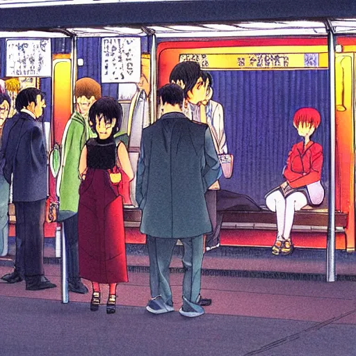Image similar to some people waiting in bus stop in dark city night, detailed, high quality, high resolution, by rumiko takahashi