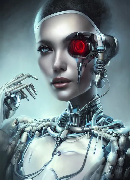 Prompt: a beautiful woman with a cybernetic endoskeleton, painted by artgerm and tom bagshaw, fantasy art, dramatic lighting, highly detailed oil painting