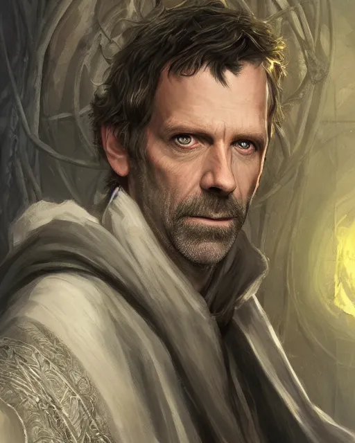 Image similar to detailed portrait of gregory house as a mage, sorcerer robes, cloak, magical, bright spells, fantasy, ruins, overgrown plants, atmosphere, 8 k high definition, insanely detailed, intricate, by charlie bowater, johan grenier