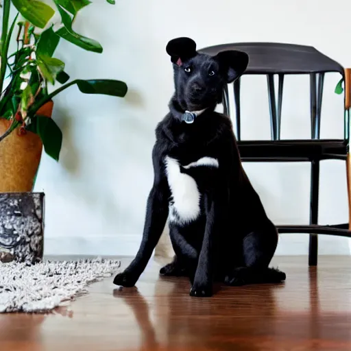 Prompt: a black dog sitting on a wooden chair. a white cat with black ears is standing up with its paws on the chair.