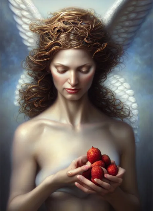 Image similar to woman as an angel holding fruits, fine art, intricate, elegant, highly detailed, realistic hair, centered, digital painting, art station, conceptual art, soft, sharp focus, illustration, artwork, artgerm, tomasz alen kopera, peter mohrbacher, donato giancola, wlop, boris vallejo