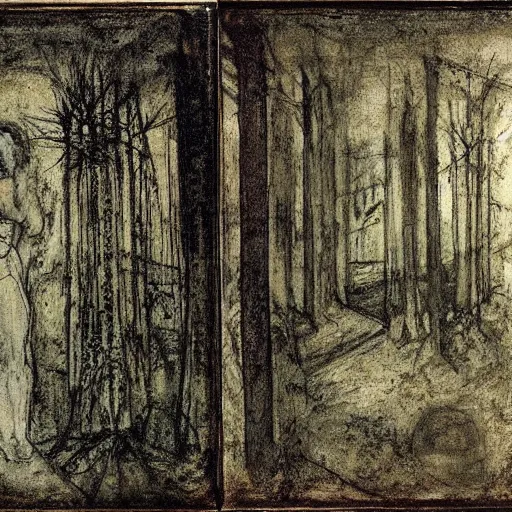 Image similar to a dark forest, daguerreotype by pontormo, by gustave moreau, by Mackintosh, by schiele, art noveau, highly detailed, strong lights, liminal, eerie, Bright pastel colors