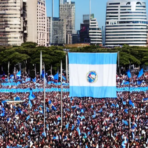 Image similar to Lady Gaga as president, Argentina presidential rally, Argentine flags behind, bokeh, detailed face, Argentina