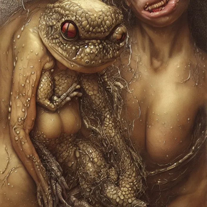 Image similar to a portrait photograph of a grinning amphibian female alien with wet skin. she wearing a tactical suit and has many body modifications. by tom bagshaw, donato giancola, hans holbein, walton ford, gaston bussiere, brian froud, peter mohrbacher and magali villeneuve. 8 k, fashion editorial, cgsociety