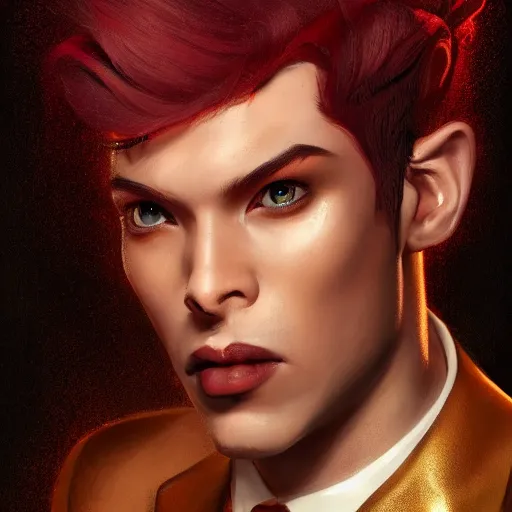 Prompt: portrait of a beautiful nonbinary actor with dark skin and messy short red hair wearing a men's suit, he has elf ears and gold eyes, by Gerald Brom and Ross Tran, dramatic lighting, 4K, trending on artstation