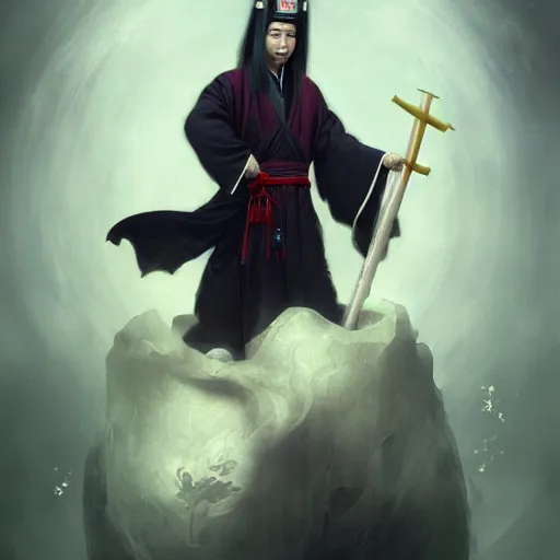 Image similar to a chinese taoist priest, like andy lau, immortal taoist bones, affable ， style of tom bagshaw, cedric peyravernay, peter mohrbacher, victo nga, 4 k hd illustrative wallpaper, animation style, chinese style