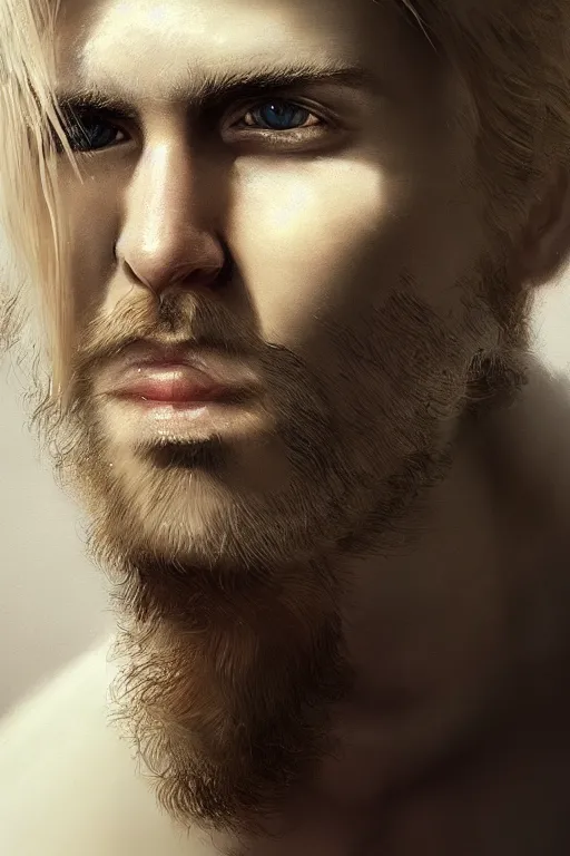 Image similar to blonde wild hair man with a little beard, one black eye - patch, plain white shirt, close - up portrait, powerfull, intricate, elegant, volumetric lighting, scenery, digital painting, highly detailed, artstation, sharp focus, illustration, concept art, ruan jia, steve mccurry