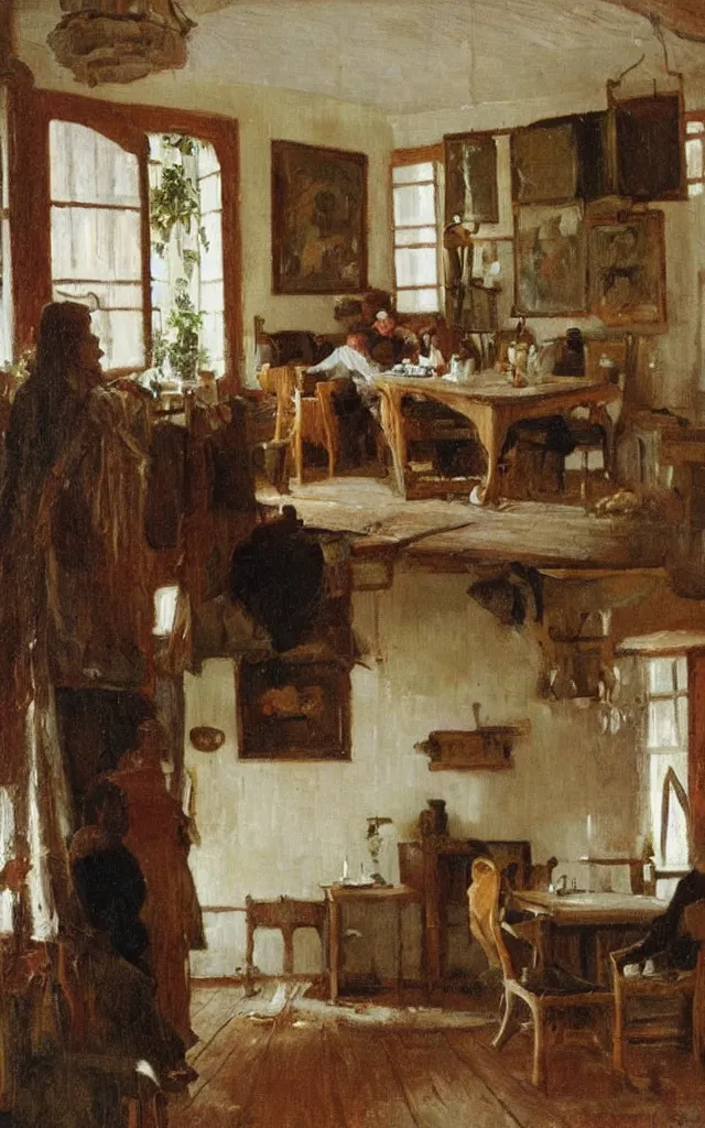 Image similar to Inside a white swedish cottage, a man with a brown coat is coming home to greet his family that is seated behind a wooden table in the right part of the picture in the style of ilya repin.