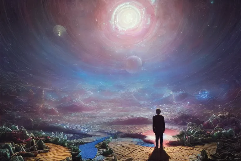 Image similar to Esao Andrews, scifi nightscape, planets, hyperrealistic surrealism, award winning masterpiece with incredible details, epic stunning, physically accurate, moody dynamic lighting, very very intricate, very very elegant, highly detailed, infinity concentric pool, a surreal vaporwave liminal space,very clear view, no grain, highly detailed, trending on ArtStation, artgerm and greg rutkowski and alphonse mucha, daily deviation, IAMAG, skinny swords can smoke for days and days in the slow market, calming, meditative