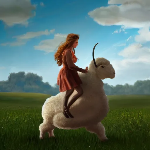 Image similar to girl riding a giant sheep in a field, trending on artstation