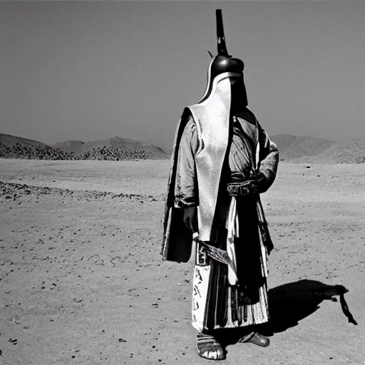 Prompt: egyptian samurai, standing in desert,