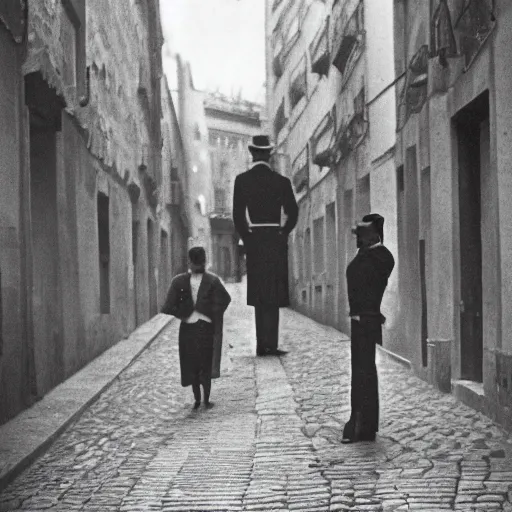 Prompt: dslr tall figure standing at the end of a barcelona cobbled road, noir, 1 8 9 0 film