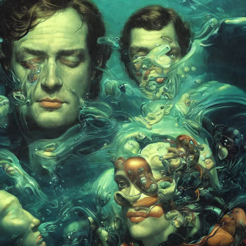 Prompt: an underwater close - up renaissance portrait of a man surrounded by alien sea creatures. deep blue and green tones. night time. gloomy dark black background. highly detailed fantasy science fiction portrait painting by norman rockwell, moebius, frank frazetta, and syd mead. rich colors, high contrast. artstation