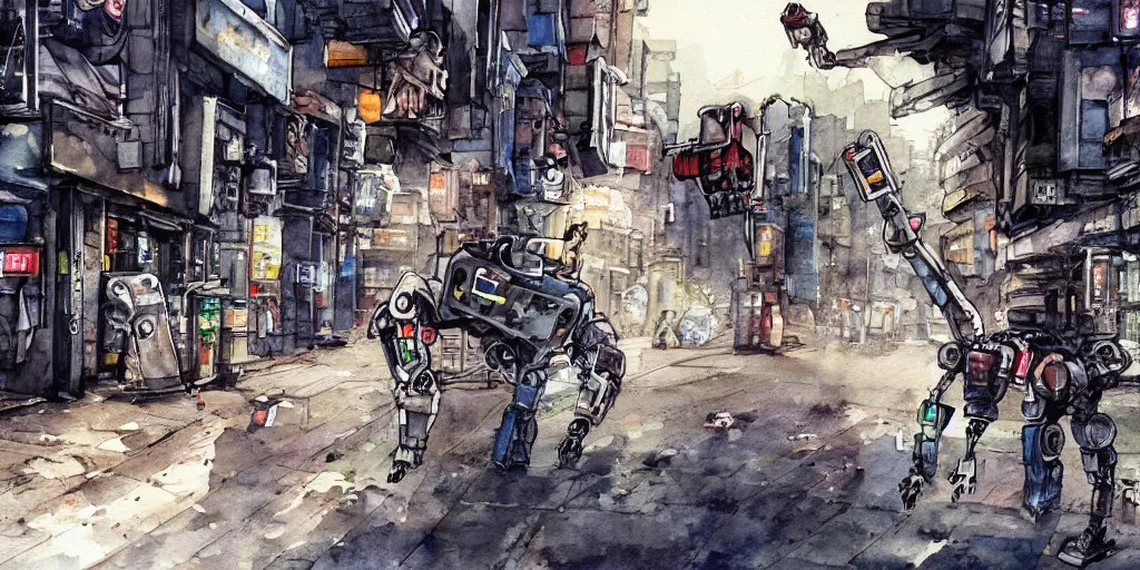 Image similar to watercolour painting of a broken robot repairing its own arm in a post apocalyptic city street, anime, pencil lines, light watercolour, pale sky, dirty streets, beautiful artwork, anime screenshot, akihabara, remaster