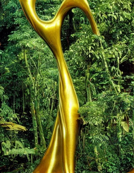 Prompt: vintage color photo of a giant 1 1 0 million years old abstract sculpture made of liquid gold covered by the jungle vines