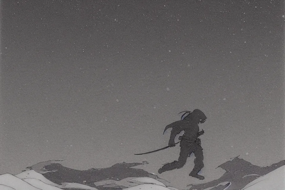 Prompt: atmospheric nightscene of a ninja running through a snow field by moebius and john harris, dynamic pose